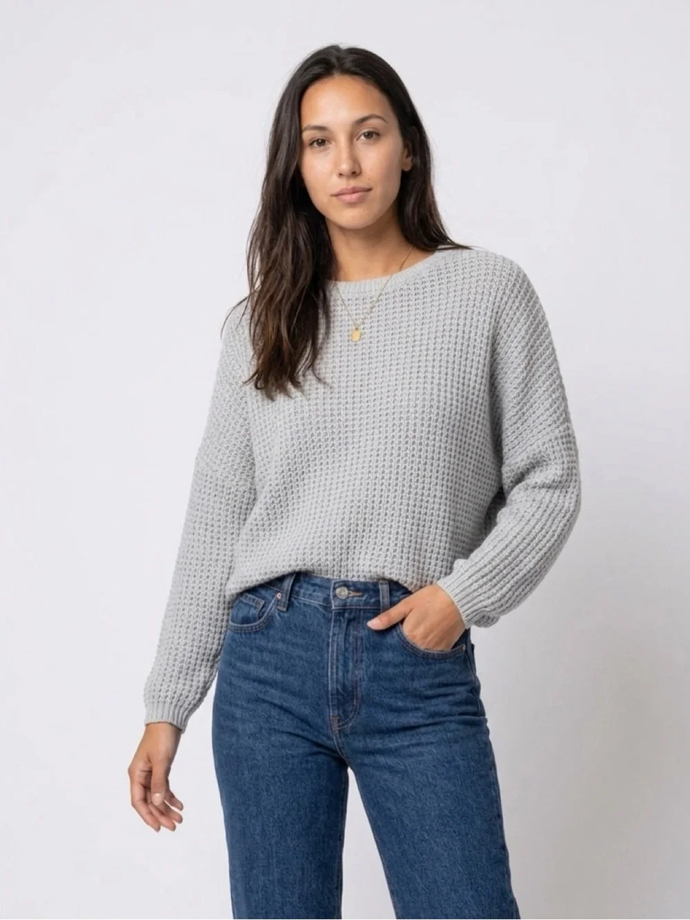 Waffle Knit Sweater Size S Doleman‎ Sleeve Comfy Minimalist Neutral Light Gray